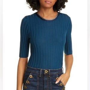 Veronica Beard Delilah Sweater Ribbed Metallic Trim Wool Blue Teal Green SZ S